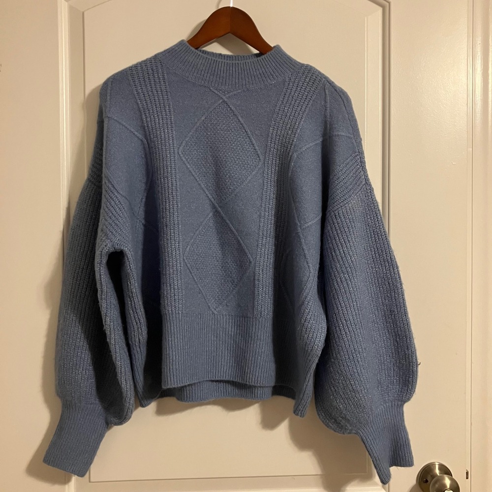 A Loves A Blue Diamond Cable Knit Mock Neck Balloon Sleeve Sweater Large
